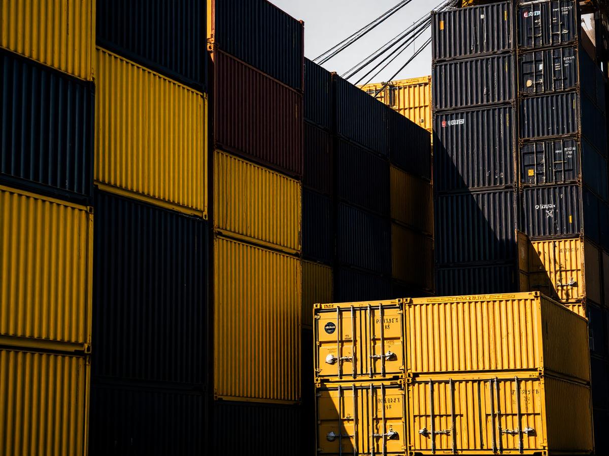 Stacked yellow shipping containers at a port